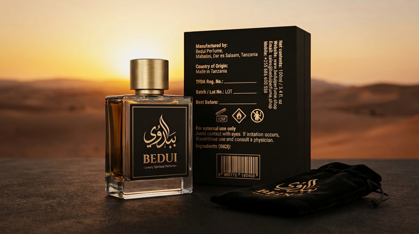 BEDUI Luxury Spiritual Perfume — bottle with gold cap beside NSHWAN gift box at desert sunset